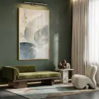 Soyut Yaprak Pastel Mavi Bej Tekli Gold Metal Çerçeveli Cam Tablo Yatak Odası
