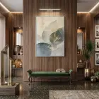 Soyut Yaprak Pastel Mavi Bej Tekli Gümüş Metal Çerçeveli Cam Tablo Duvar Salon