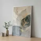 Soyut Yaprak Pastel Mavi Bej Tekli Gümüş Metal Çerçeveli Cam Tablo Duvar Salon