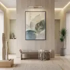 Soyut Yaprak Pastel Mavi Bej Tekli Siyah Metal Çerçeveli Cam Tablo Yatak Odası