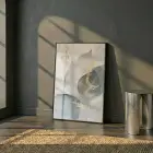 Soyut Yaprak Pastel Mavi Bej Tekli Siyah Metal Çerçeveli Cam Tablo Yatak Odası