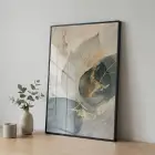 Soyut Yaprak Pastel Mavi Bej Tekli Siyah Metal Çerçeveli Cam Tablo Yatak Odası