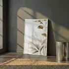 Bitkisel Motif Sıcak Bej Tonlar Tekli Beyaz Metal Çerçeveli Cam Tablo Salon Oturma