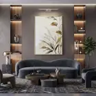 Bitkisel Motif Sıcak Bej Tonlar Tekli Gold Metal Çerçeveli Cam Tablo Ev Dekorasyonu