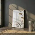 Bitkisel Motif Sıcak Bej Tonlar Tekli Gold Metal Çerçeveli Cam Tablo Ev Dekorasyonu