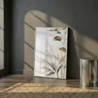Bitkisel Motif Sıcak Bej Tonlar Tekli Gümüş Metal Çerçeveli Cam Tablo Poster Dekoratif