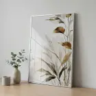 Bitkisel Motif Sıcak Bej Tonlar Tekli Gümüş Metal Çerçeveli Cam Tablo Poster Dekoratif