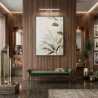 Bitkisel Motif Sıcak Bej Tonlar Tekli Siyah Metal Çerçeveli Cam Tablo Salon Oturma