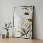 Bitkisel Motif Sıcak Bej Tonlar Tekli Siyah Metal Çerçeveli Cam Tablo Salon Oturma