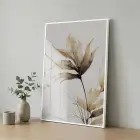 Yaprak Desen Sıcak Bej Tonları Tekli Beyaz Metal Çerçeveli Cam Tablo Poster Dekoratif
