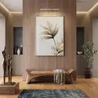 Yaprak Desen Sıcak Bej Tonları Tekli Gold Metal Çerçeveli Cam Tablo Ev Dekorasyonu