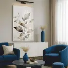 Doğal Yapraklar Toprak Tonları Tekli Beyaz Metal Çerçeveli Cam Tablo Salon Oturma Odası