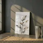 Doğal Yapraklar Toprak Tonları Tekli Beyaz Metal Çerçeveli Cam Tablo Salon Oturma Odası