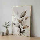 Doğal Yapraklar Toprak Tonları Tekli Gold Metal Çerçeveli Cam Tablo Poster Dekoratif Obje