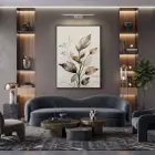 Doğal Yapraklar Toprak Tonları Tekli Siyah Metal Çerçeveli Cam Tablo Yatak Odası Koridor
