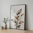 Doğal Yapraklar Toprak Tonları Tekli Siyah Metal Çerçeveli Cam Tablo Yatak Odası Koridor