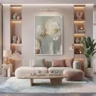Soyut Çiçek Pastel Yeşil Bej Tekli Beyaz Metal Çerçeveli Cam Tablo Poster Dekoratif