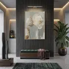 Soyut Çiçek Pastel Yeşil Bej Tekli Gold Metal Çerçeveli Cam Tablo Poster Dekoratif