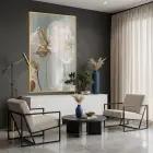 Soyut Çiçek Pastel Yeşil Bej Tekli Gold Metal Çerçeveli Cam Tablo Poster Dekoratif