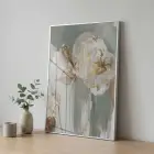 Soyut Çiçek Pastel Yeşil Bej Tekli Gümüş Metal Çerçeveli Cam Tablo Poster Dekoratif