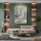 Soyut Çiçek Pastel Mavi Tonları Tekli Beyaz Metal Çerçeveli Cam Tablo Salon Oturma