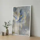 Soyut Çiçek Pastel Mavi Tonları Tekli Beyaz Metal Çerçeveli Cam Tablo Salon Oturma