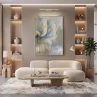 Soyut Çiçek Pastel Mavi Tonları Tekli Gold Metal Çerçeveli Cam Tablo Poster Dekoratif