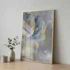 Soyut Çiçek Pastel Mavi Tonları Tekli Gold Metal Çerçeveli Cam Tablo Poster Dekoratif