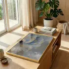 Soyut Çiçek Pastel Mavi Tonları Tekli Gold Metal Çerçeveli Cam Tablo Poster Dekoratif