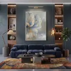 Soyut Çiçek Pastel Mavi Tonları Tekli Gümüş Metal Çerçeveli Cam Tablo Yatak Odası