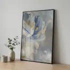 Soyut Çiçek Pastel Mavi Tonları Tekli Siyah Metal Çerçeveli Cam Tablo Poster Dekoratif
