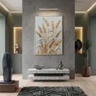 Buğday Başakları Altın Gri Tonları Tekli Gold Metal Çerçeveli Cam Tablo Poster Dekoratif