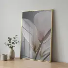 Narin Çiçek Pastel Gri Tonları Tekli Gold Metal Çerçeveli Cam Tablo Salon Oturma