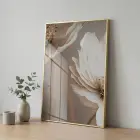 Zarif Çiçek Bej Krem Tonları Tekli Gold Metal Çerçeveli Cam Tablo Poster Dekoratif