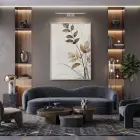 Botanik Yapraklar Toprak Tonları Tekli Gümüş Metal Çerçeveli Cam Tablo Duvar Salon Aksesuarları