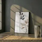 Botanik Yapraklar Toprak Tonları Tekli Siyah Metal Çerçeveli Cam Tablo Poster Dekoratif Obje