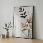 Botanik Yapraklar Toprak Tonları Tekli Siyah Metal Çerçeveli Cam Tablo Poster Dekoratif Obje
