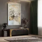Buket Çiçek Sıcak Krem Ton Tekli Beyaz Metal Çerçeveli Cam Tablo Yatak Odası