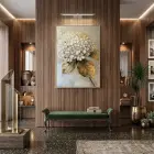 Buket Çiçek Sıcak Krem Ton Tekli Gold Metal Çerçeveli Cam Tablo Ev Dekorasyonu