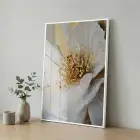 Soyut Çiçek Krem Altın Ton Tekli Beyaz Metal Çerçeveli Cam Tablo Salon Oturma