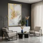 Soyut Çiçek Krem Altın Ton Tekli Gold Metal Çerçeveli Cam Tablo Duvar Salon