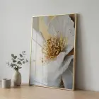 Soyut Çiçek Krem Altın Ton Tekli Gold Metal Çerçeveli Cam Tablo Duvar Salon