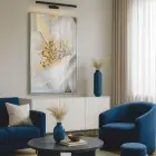 Soyut Çiçek Krem Altın Ton Tekli Gümüş Metal Çerçeveli Cam Tablo Yatak Odası