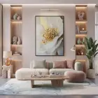 Soyut Çiçek Krem Altın Ton Tekli Siyah Metal Çerçeveli Cam Tablo Ev Dekorasyonu
