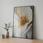 Soyut Çiçek Krem Altın Ton Tekli Siyah Metal Çerçeveli Cam Tablo Ev Dekorasyonu