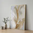 Soyut Yaprak Krem Altın Tonları Tekli Gold Metal Çerçeveli Cam Tablo Poster Dekoratif