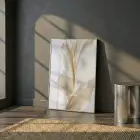 Soyut Yaprak Krem Altın Tonları Tekli Gümüş Metal Çerçeveli Cam Tablo Salon Oturma