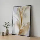 Soyut Yaprak Krem Altın Tonları Tekli Siyah Metal Çerçeveli Cam Tablo Poster Dekoratif