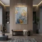 Soyut Yaprak Altın Mavi Tonlar Tekli Gold Metal Çerçeveli Cam Tablo Yatak Odası