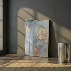 Soyut Yaprak Altın Mavi Tonlar Tekli Gold Metal Çerçeveli Cam Tablo Yatak Odası